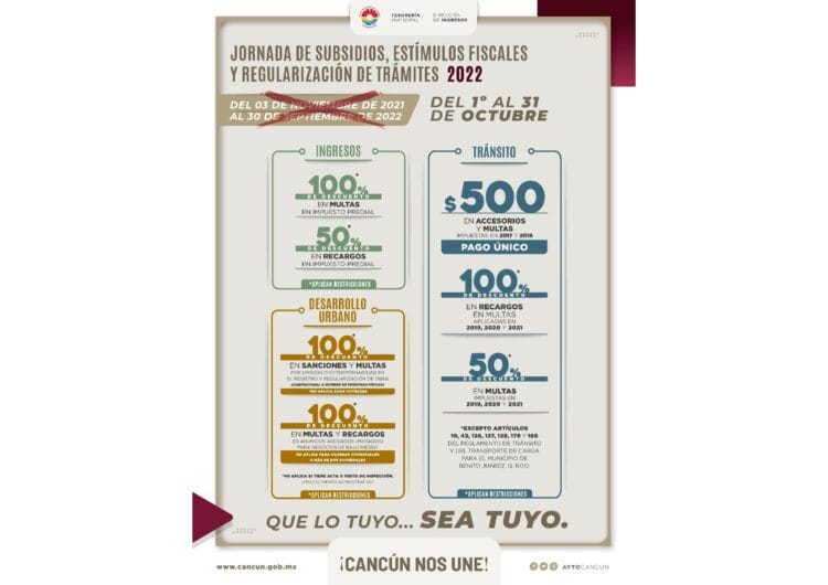 Mantendrán Jornada de Subsidios Fiscales todo octubre en Cancún