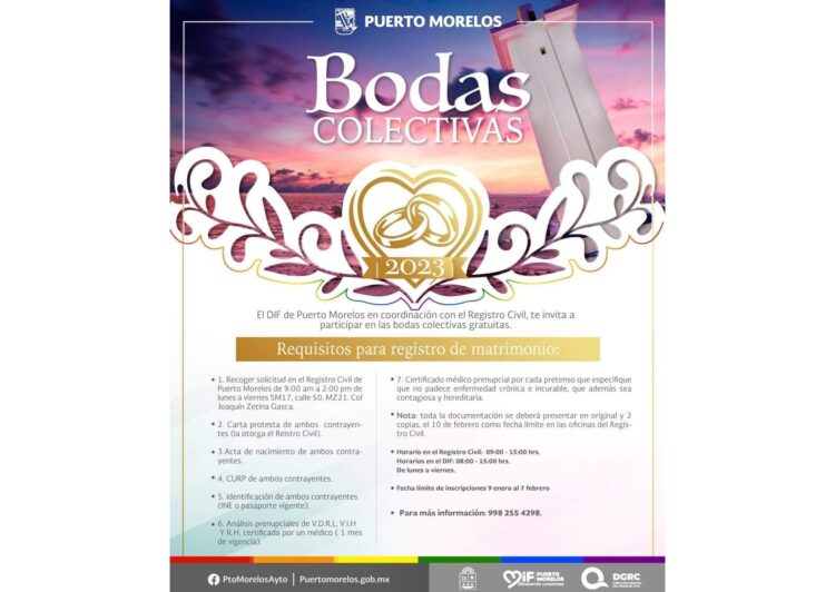 Gobierno de Puerto Morelos reitera invitación a participar en Bodas Colectivas 2023