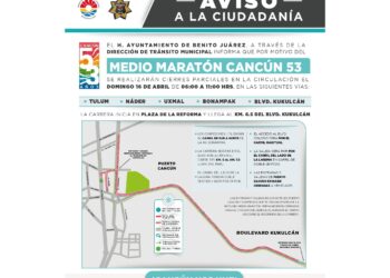 Tránsito anuncia cierre parcial de vialidades por “Medio Maratón Cancún 53”