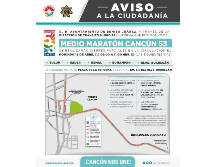 Tránsito anuncia cierre parcial de vialidades por “Medio Maratón Cancún 53”