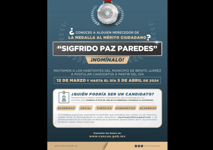 Convocan a participar en Medalla al Mérito Ciudadano “Sigfrido Paz” en Cancún