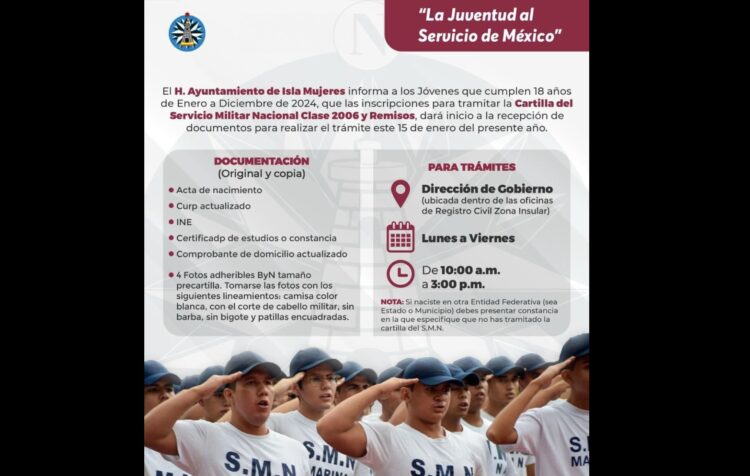Continúan inscripciones abiertas para tramitar Cartilla del Servicio Militar Nacional en Isla Mujeres