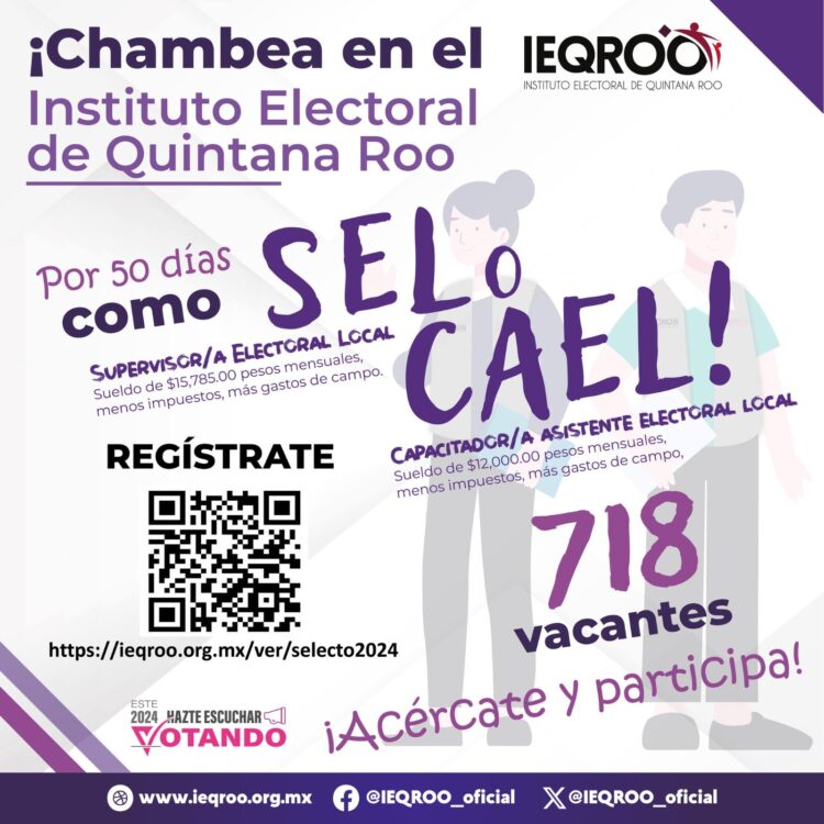 Ofrece IEQROO 718 empleos con sueldos de 15 mil 785 pesos y 12 mil pesos brutos mensuales