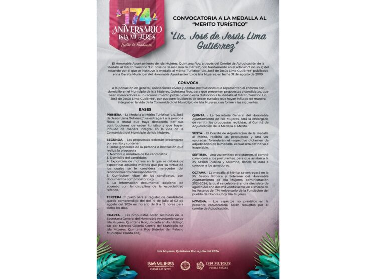 Gobierno de Isla Mujeres abre convocatoria para la entrega de medallas al Mérito Turístico y Ciudadano
