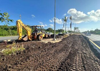 Continúan renovando el camellón de la carretera federal en Playa del Carmen