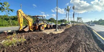 Continúan renovando el camellón de la carretera federal en Playa del Carmen