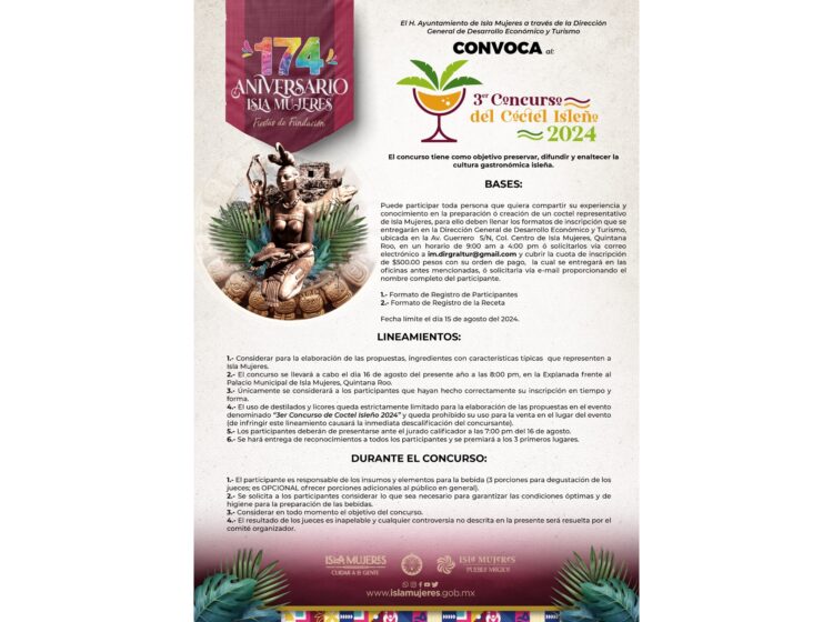 Abre gobierno de Isla Mujeres convocatoria para concursos de Ceviche y Cóctel Isleño