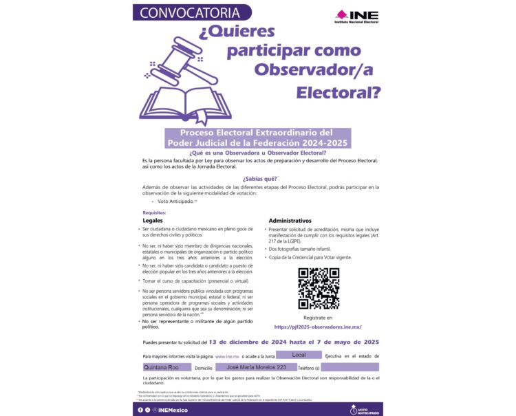 INE Quintana Roo te invita a participar en la Convocatoria como Observador u Observadora Electoral