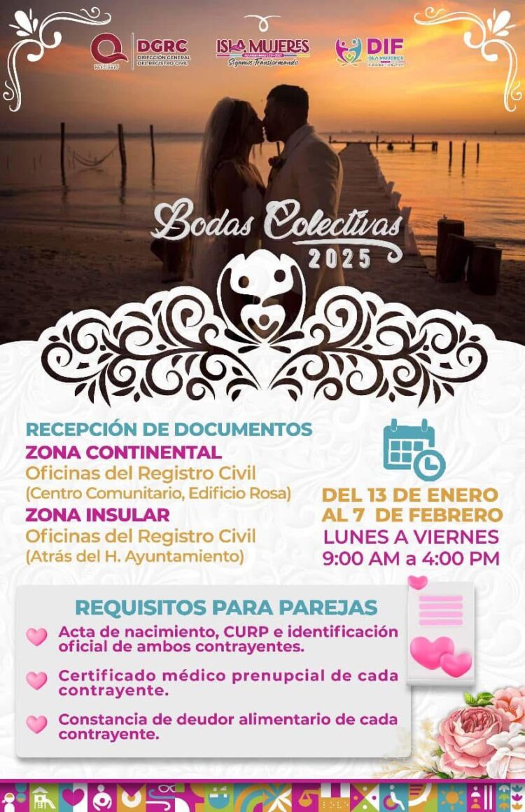 Abre gobierno de Isla Mujeres convocatoria para Bodas Colectivas