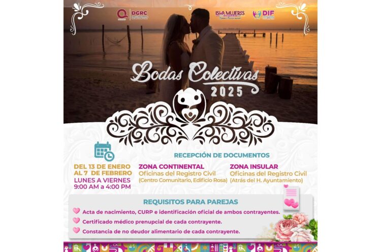 Invita gobierno de Isla Mujeres a las parejas a inscribirse en el programa de Bodas Colectivas