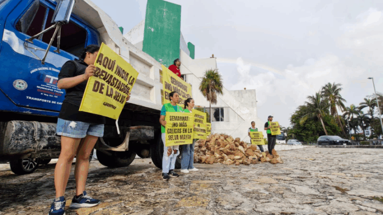Greenpeace arroja rocas frente a la Semarnat de Cancún para protestar por sascaberas