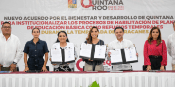 Firma Mara Lezama convenio con hoteleros para habilitar 42 escuelas como refugios temporales