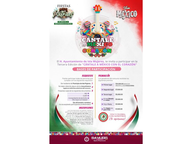 Gobierno de Isla Mujeres lanza convocatoria para la tercera edición del concurso Cántale a México con el Corazón