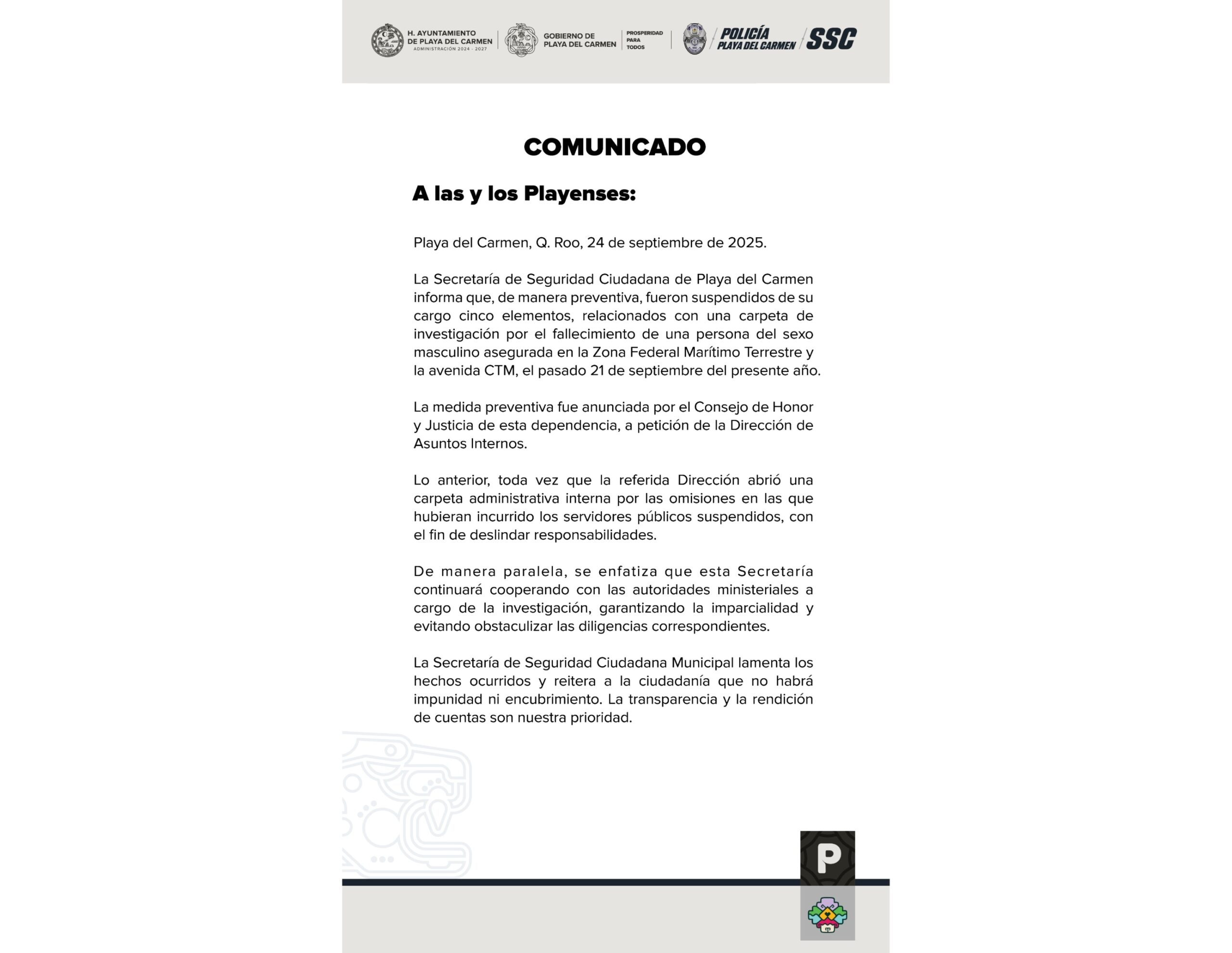 Suspenden a cinco elementos de Seguridad Ciudadana tras investigación en Playa del Carmen