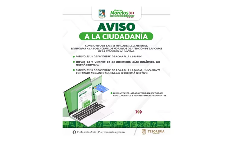 Informa Ayuntamiento de Puerto Morelos horarios de atención por festividades decembrinas
