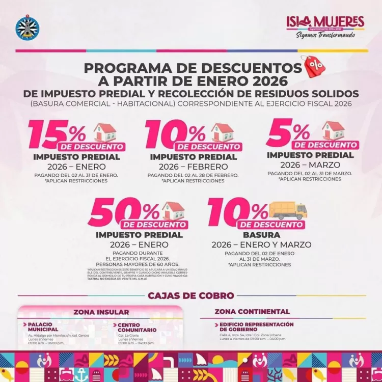 Gobierno de Isla Mujeres llama a aprovechar los últimos días de enero con 15 % de descuento en el Predial 2026