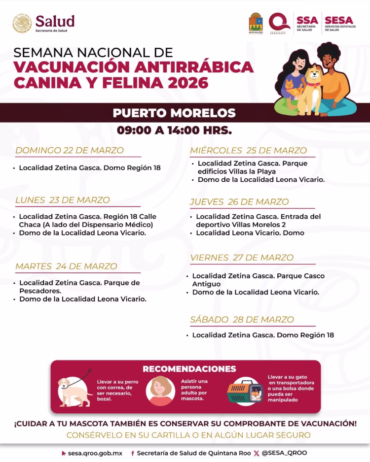 Puerto Morelos se suma a la Semana Nacional de Vacunación Antirrábica Canina y Felina 2026