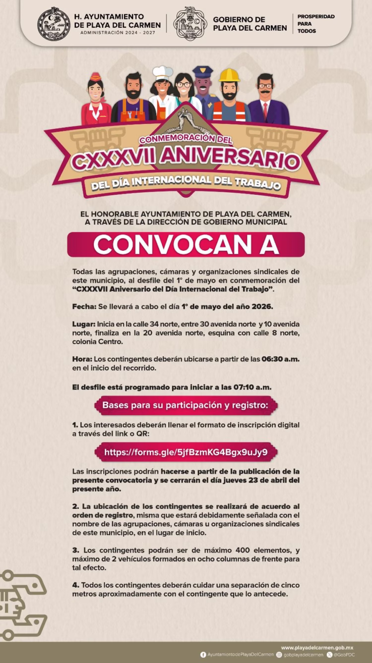 Gobierno de Playa del Carmen convoca a participar en el desfile del Día del Trabajo 