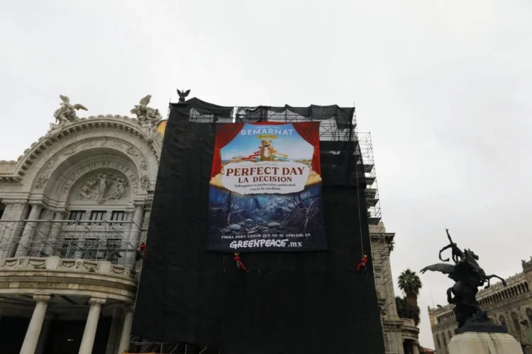 Greenpeace despliega manta en Bellas Artes contra parque de Royal Caribbean en Mahahual