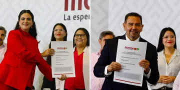 Andrea Chávez y Cruz Pérez Cuellar levantan la mano para ir por Chihuahua por Morena, PT y PVEM