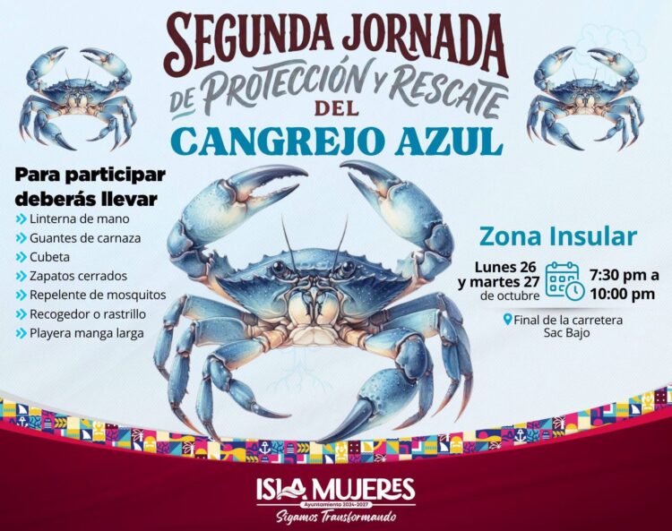 Invita Gobierno de Isla Mujeres a jornada de protección del cangrejo azul